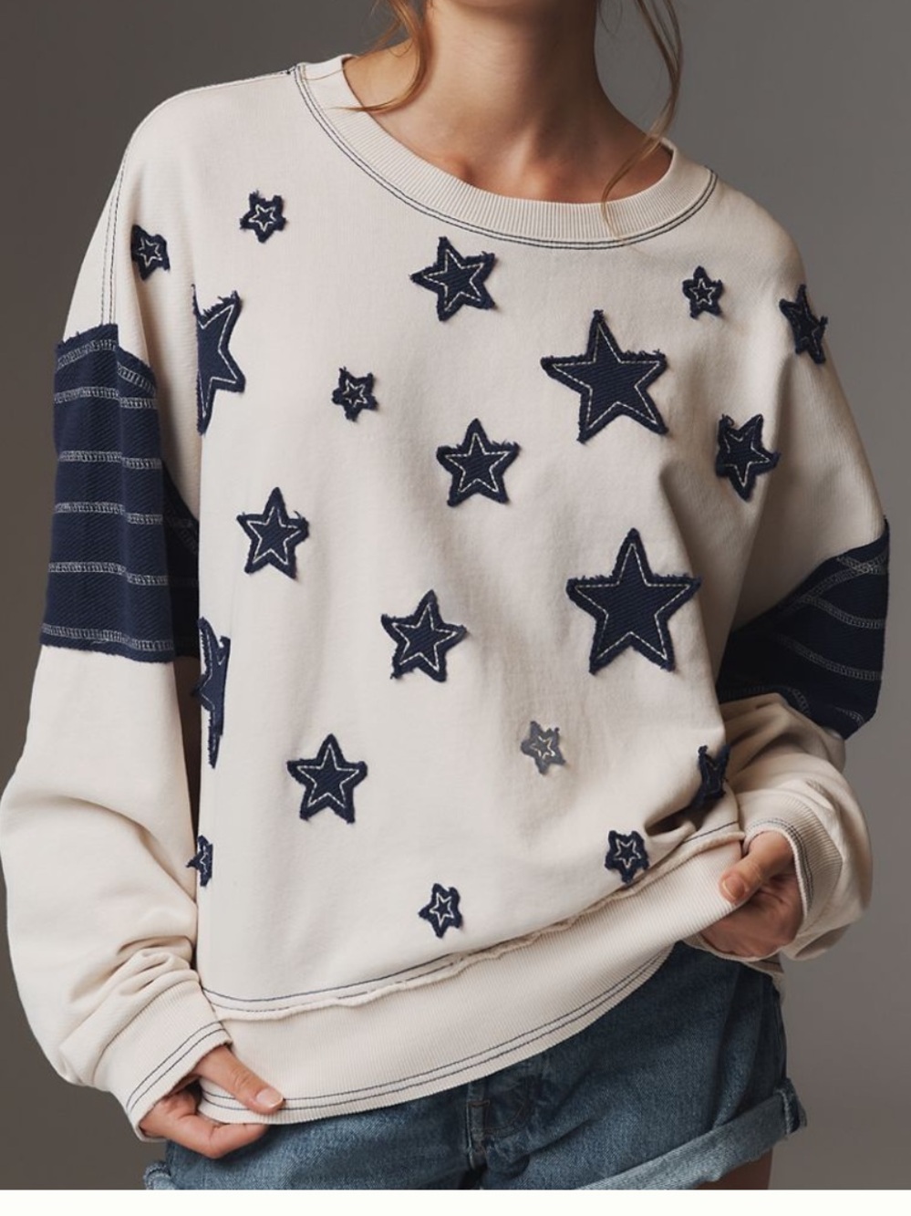 Pilcro Cream Star-Print Womens Sweatshirt - Casual Pullover